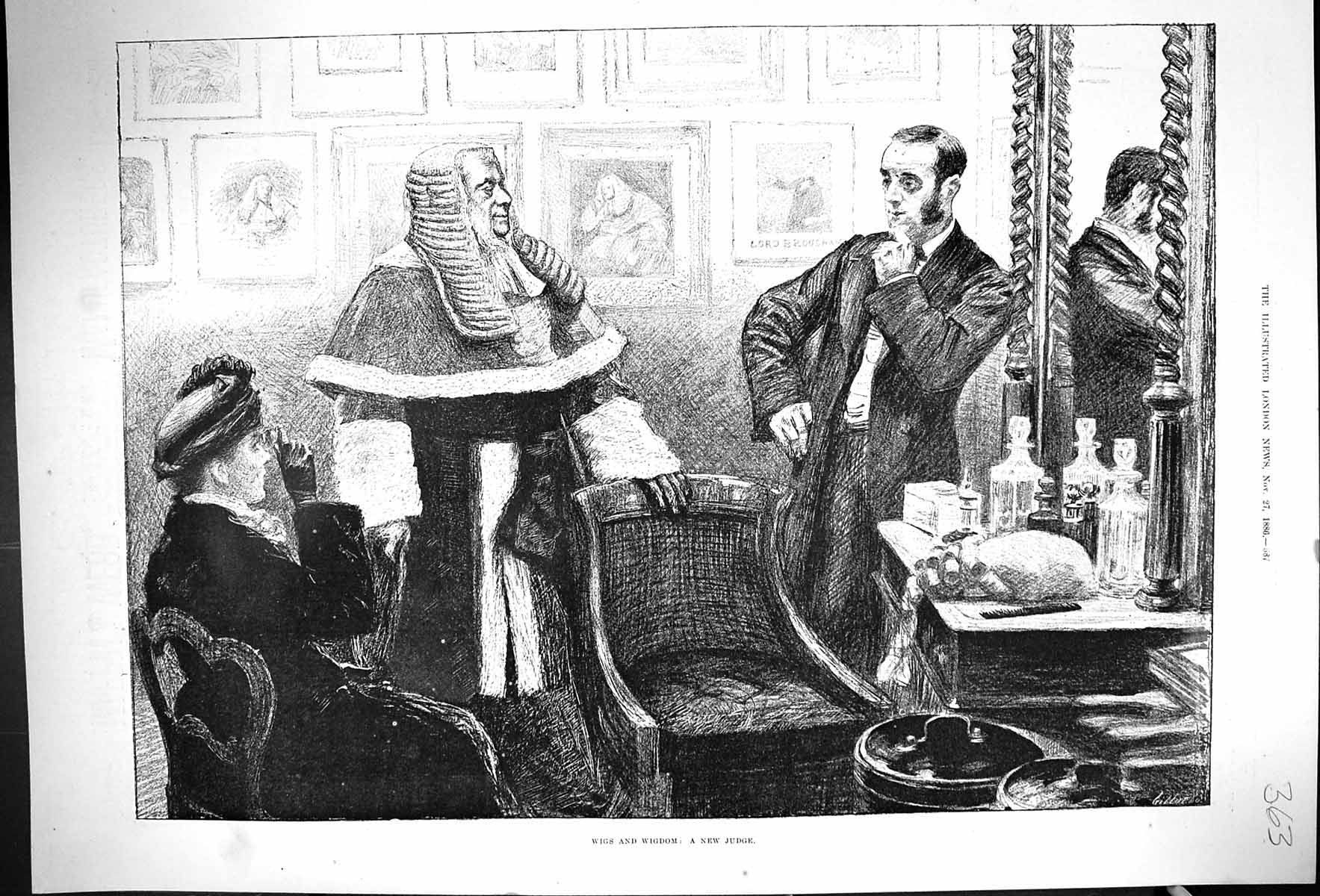 Original Old Antique Print Wigs Wisdom New Judge Court Dressing Room 1886 19th