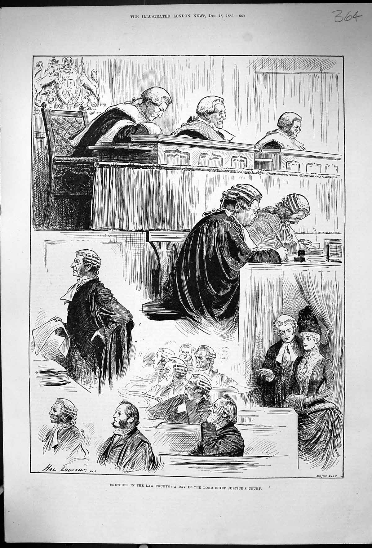 Antique Print 1886 Sketches Law Courts Lord Chief Justice Judge Witness Box