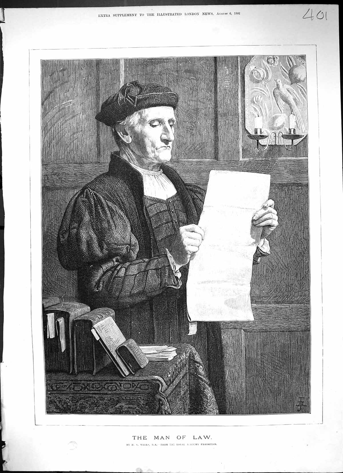Original Old Antique Print 1881 Man Law Reading Paper Court Scene Marks 19th