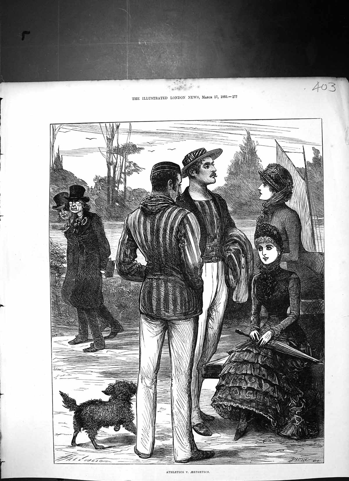 Antique Old Print 1883 Athletics Aesthetics Ladies Men Romance River Scene 19th