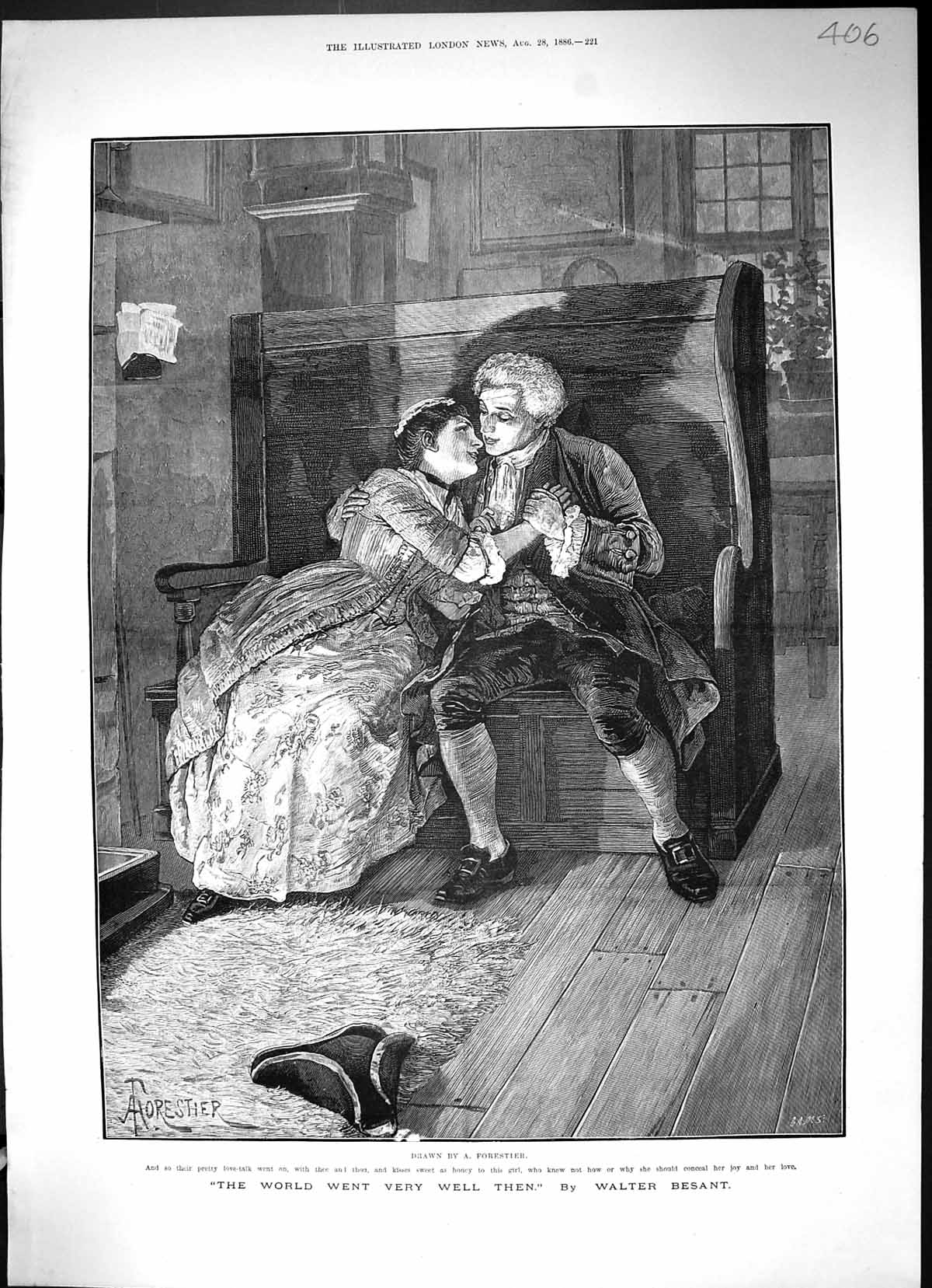 Old Antique Print 1886 Lady Man Romance Kissing Sitting Bench Forestier 19th