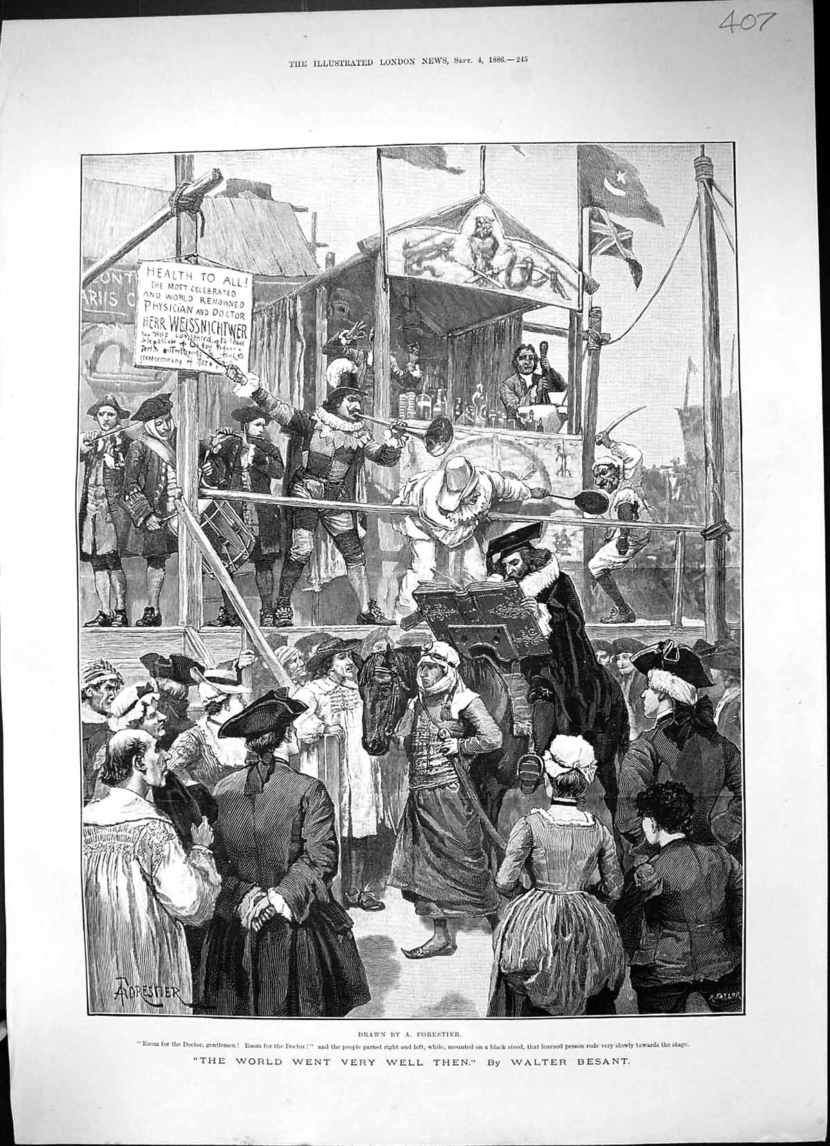 Antique Old Print Doctor Physician Herr Weissnichtwer Spectators Besant 1886