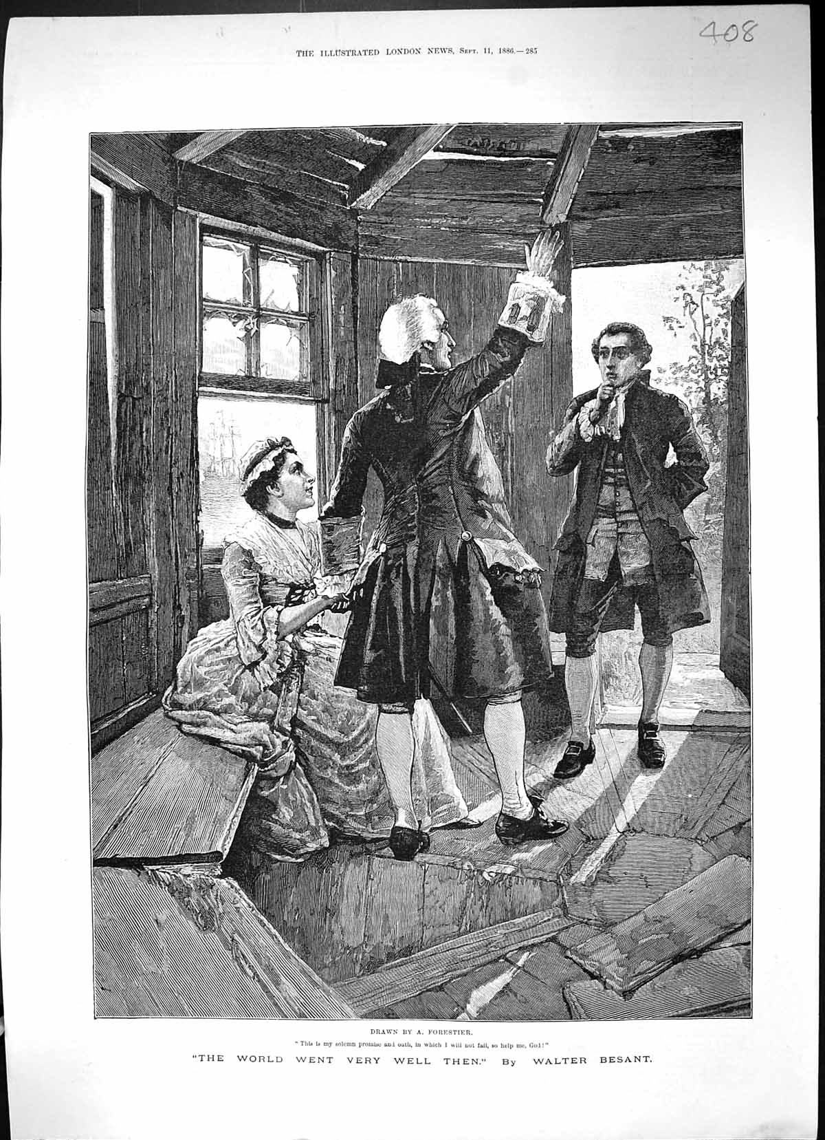 Antique Old Print 1886 Walter Besant Story Man Lady Wooden Hut Seaside Ship