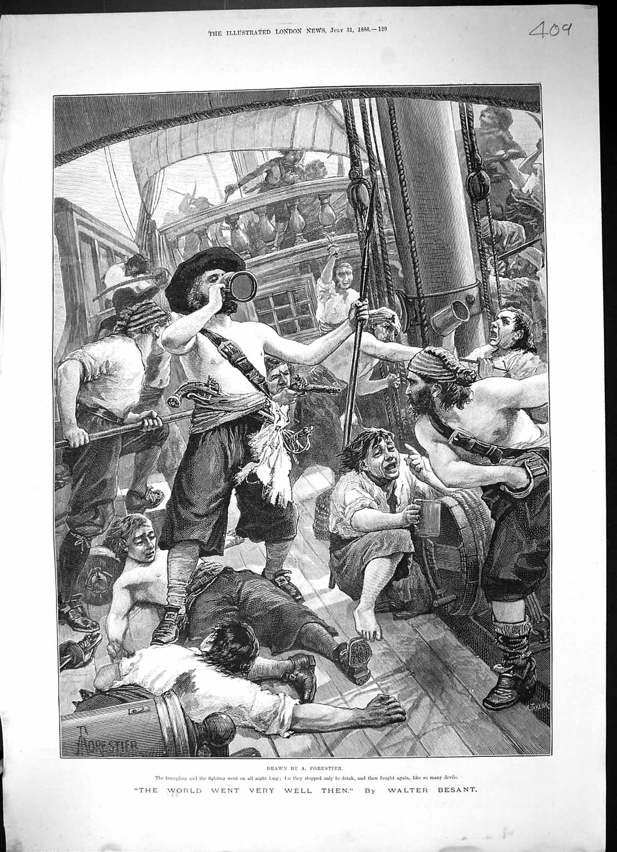 Antique Print Ship Deck Scene Men Sailors Drink Fighting Walter Besant 1886