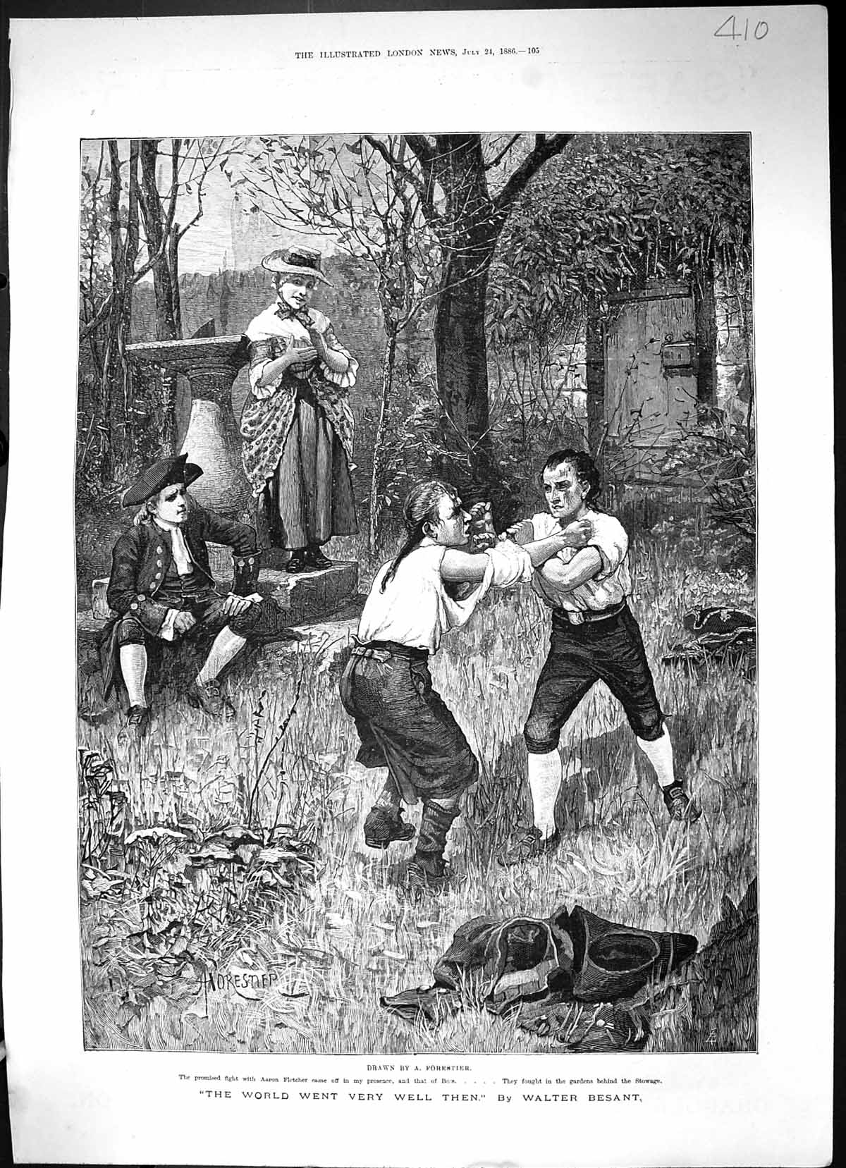 Antique Old Print 1886 Fight Aaron Fletcher Men Fighting Garden Walter Besant