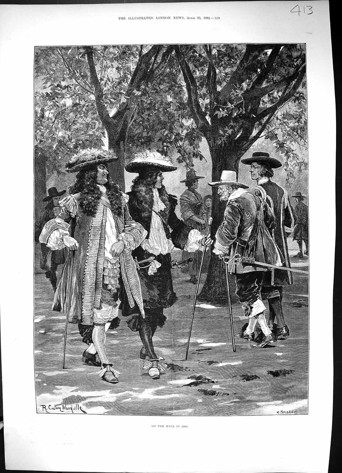 Original Old Antique Print 1892 Men Walking Mall 1660 Trees Canton Woodville