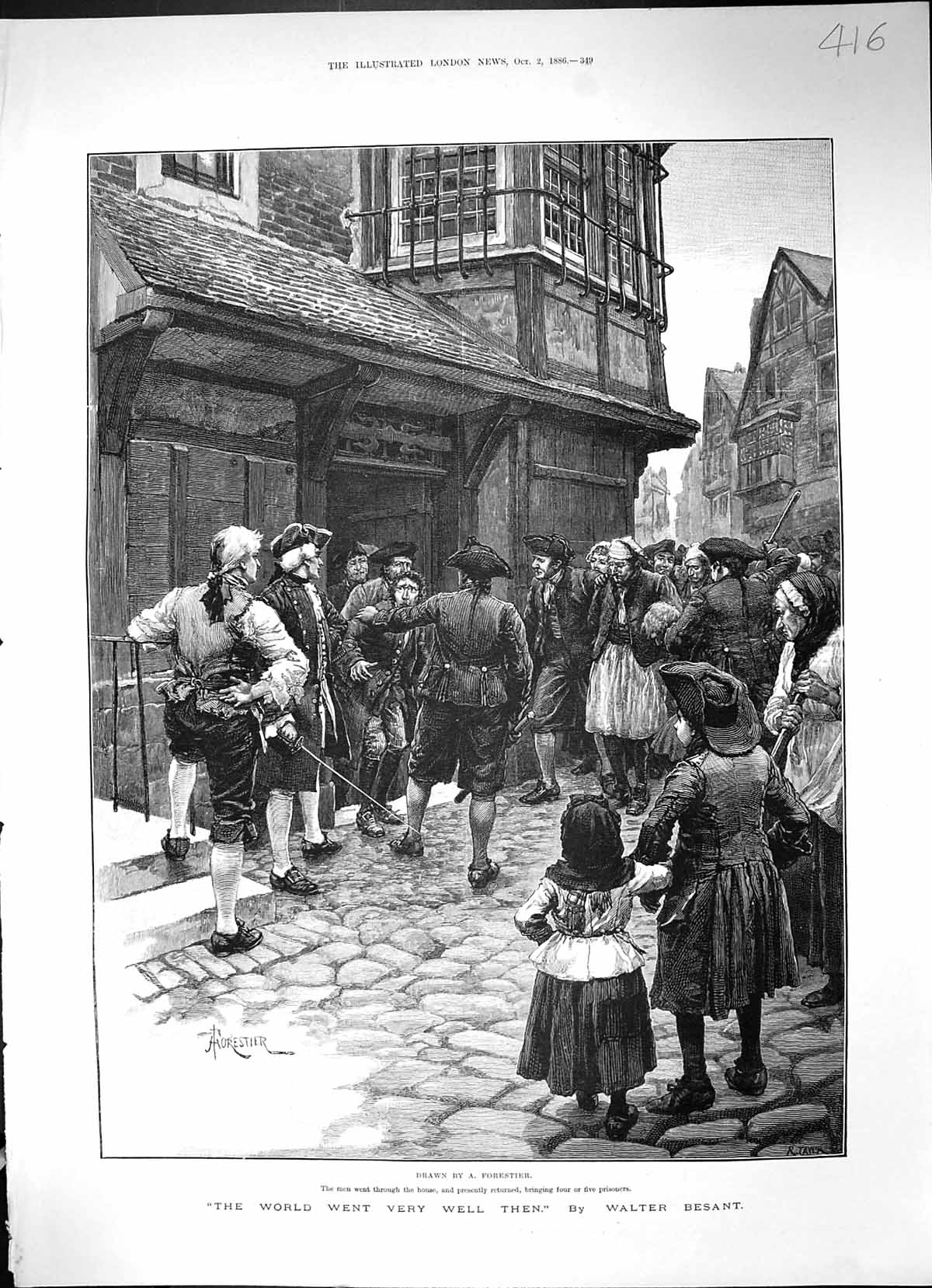 Original Old Antique Print 1886 Street Scene People Men Prisoner Walter Besant