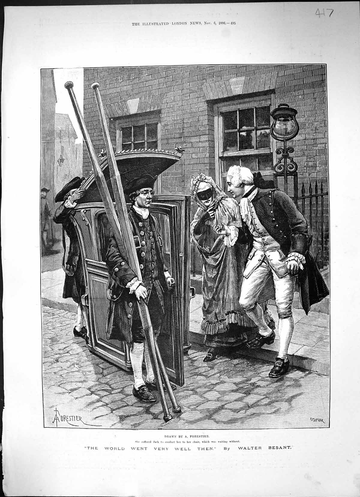 Antique Old Print Street Scene Sedan Chair Lady Passengers 1886 Walter Besant