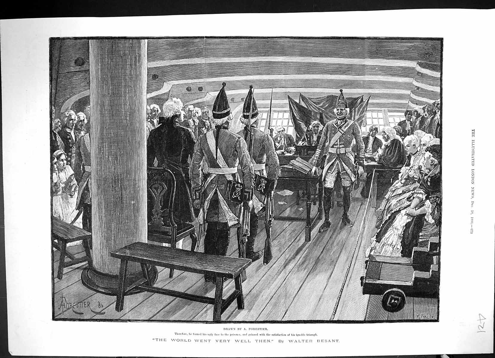 Old Antique Print 1886 War Ship Under Deck Scene Passengers Walter Besant 19th