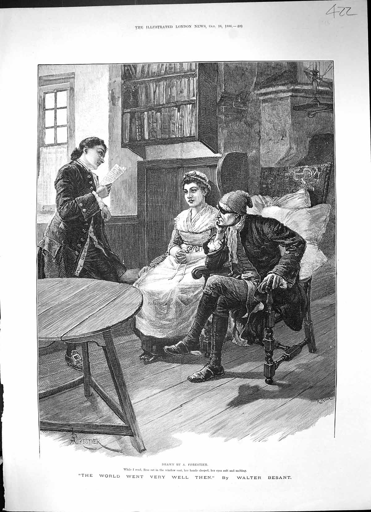 Original Old Antique Print 1886 Men Lady Bess Reading Letter Walter Besant 19th