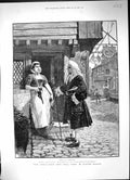 Antique Old Print Street Scene Man Lady Brinjes Romance 1886 Walter Besant 19th