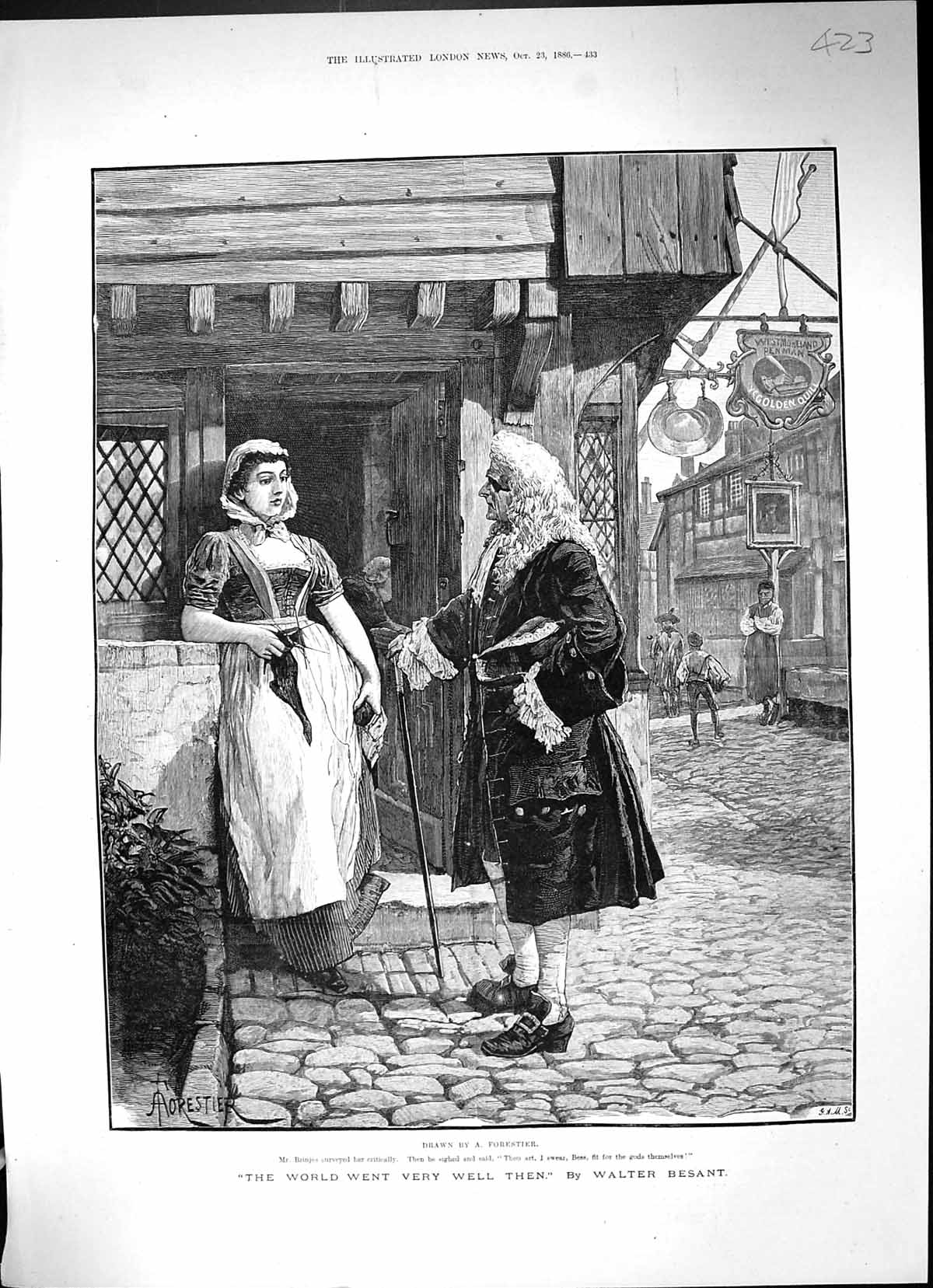 Antique Old Print Street Scene Man Lady Brinjes Romance 1886 Walter Besant 19th
