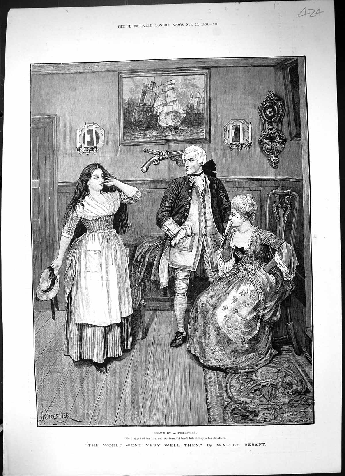Old 1886 Ladies Man House Scene Hat Fan Pistols Picture Walter Besant Victorian