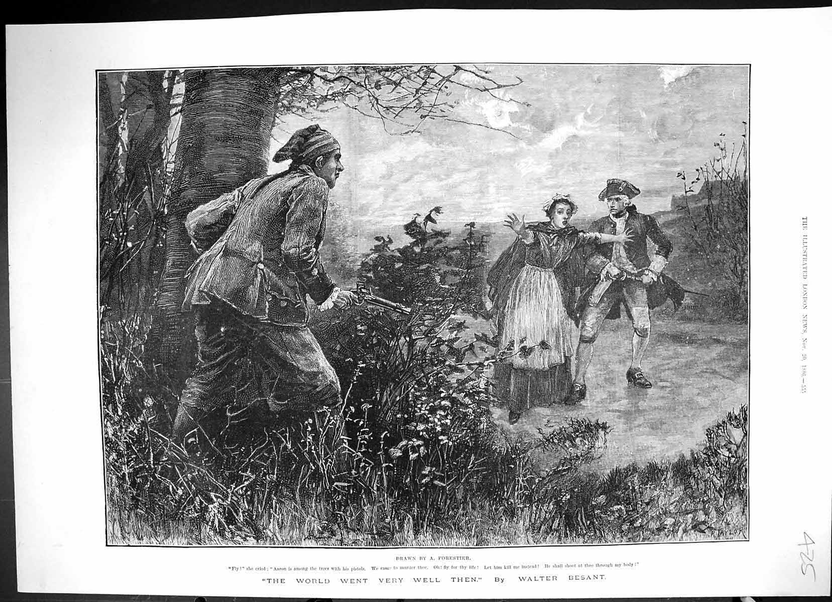 Antique Old Print 1886 Man Lady Romance Aaron Pistol Gun Murder Walter Besant