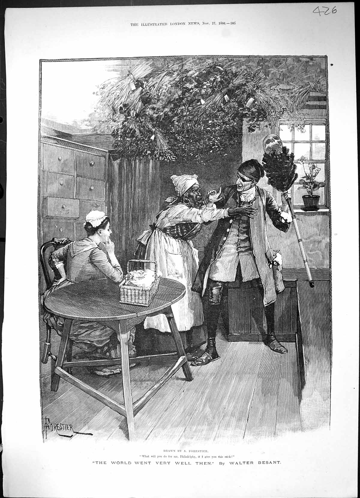 Old Antique Print 1886 Walter Besant Native Lady Man Feather Duster Fight 19th