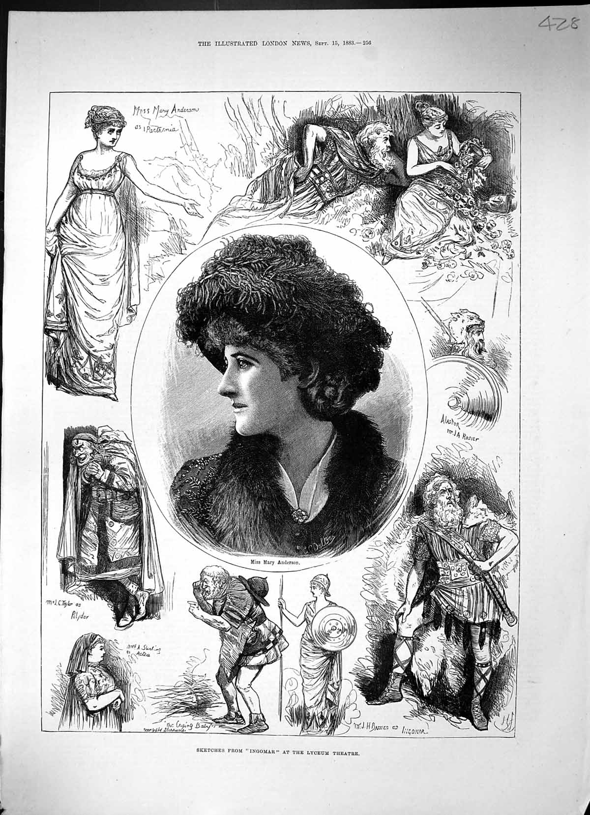 Old Print 1883 Ingomar Lyceum Theatre Mary Anderson Taylor Barnes Actors 19th
