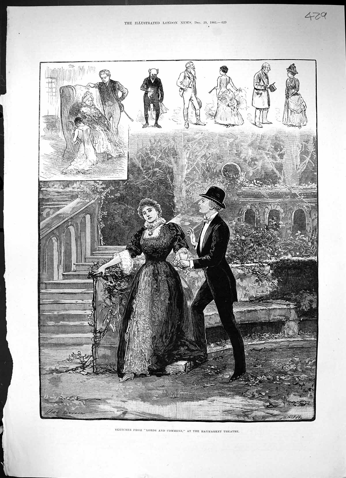 Original Old Antique Print Lords Commons Haymarket Theatre Actors 1883 19th