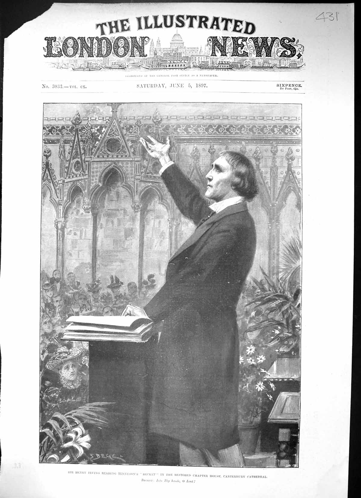 Old 1897 Sir Henry Irving Reading Tennyson Becket Canterbury Cathedra Victorian
