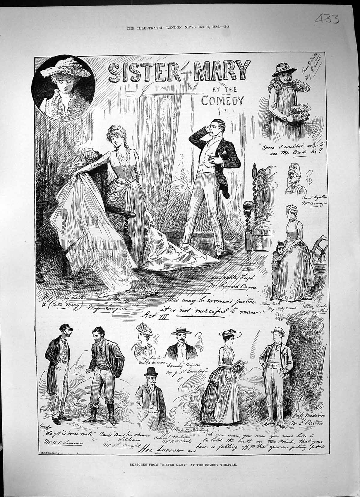 Antique Print 1886 Scene Sister Mary Comedy Theatre Actors Actresses Ludlow