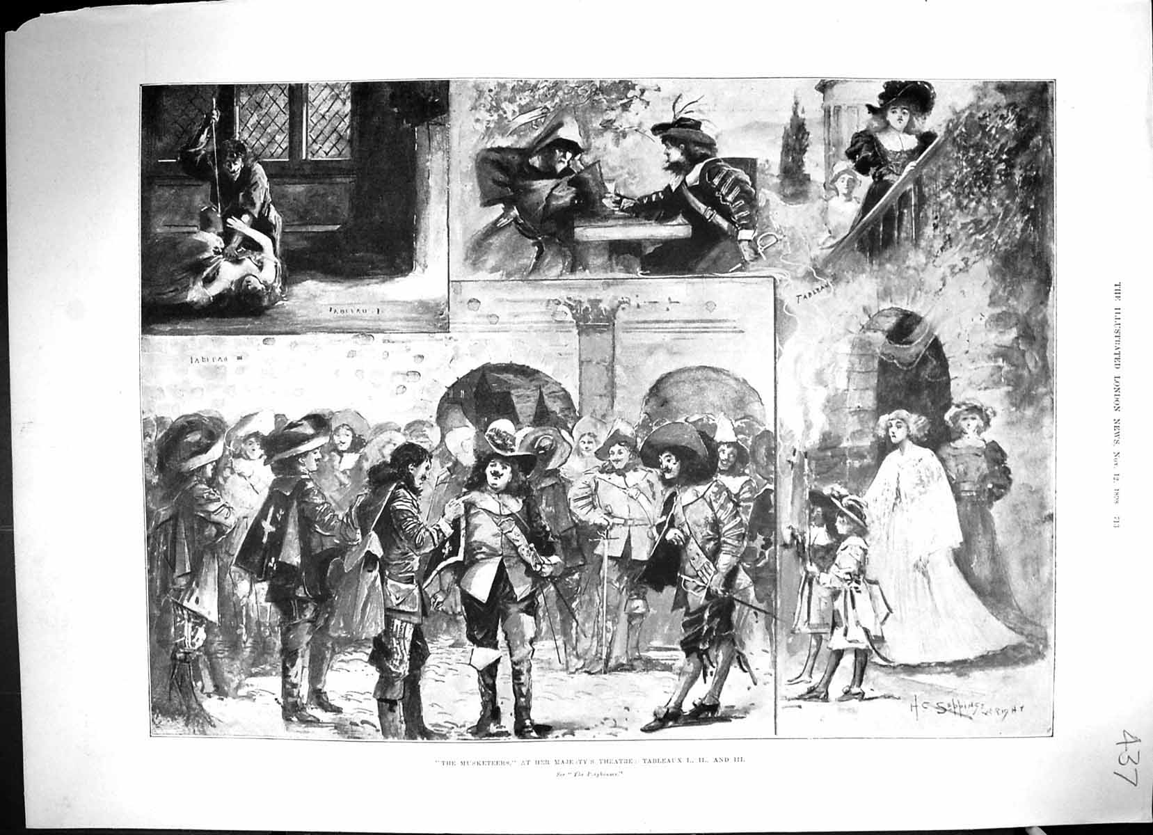 Old Antique Print 1898 Musketeers Majesty'S Theatre Tableaux Actors Scene 19th