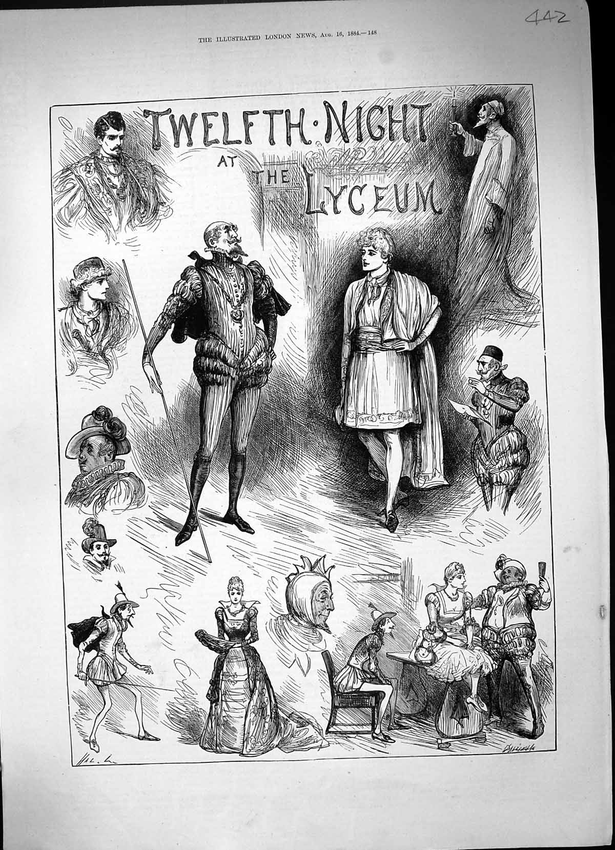 Original Old Antique Print 1884 Twelfth Night Lyceum Theatre Portait Actors