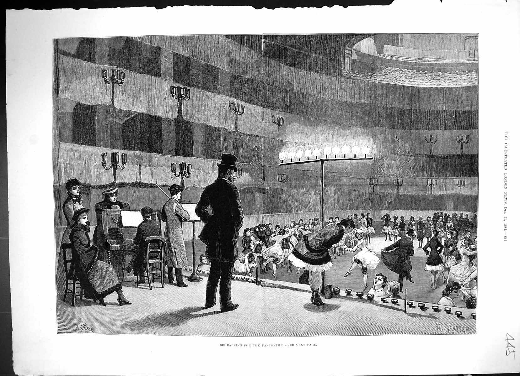 Original Old Antique Print 1881 Scene Rehearsing Pantomime Theatre Actors 19th