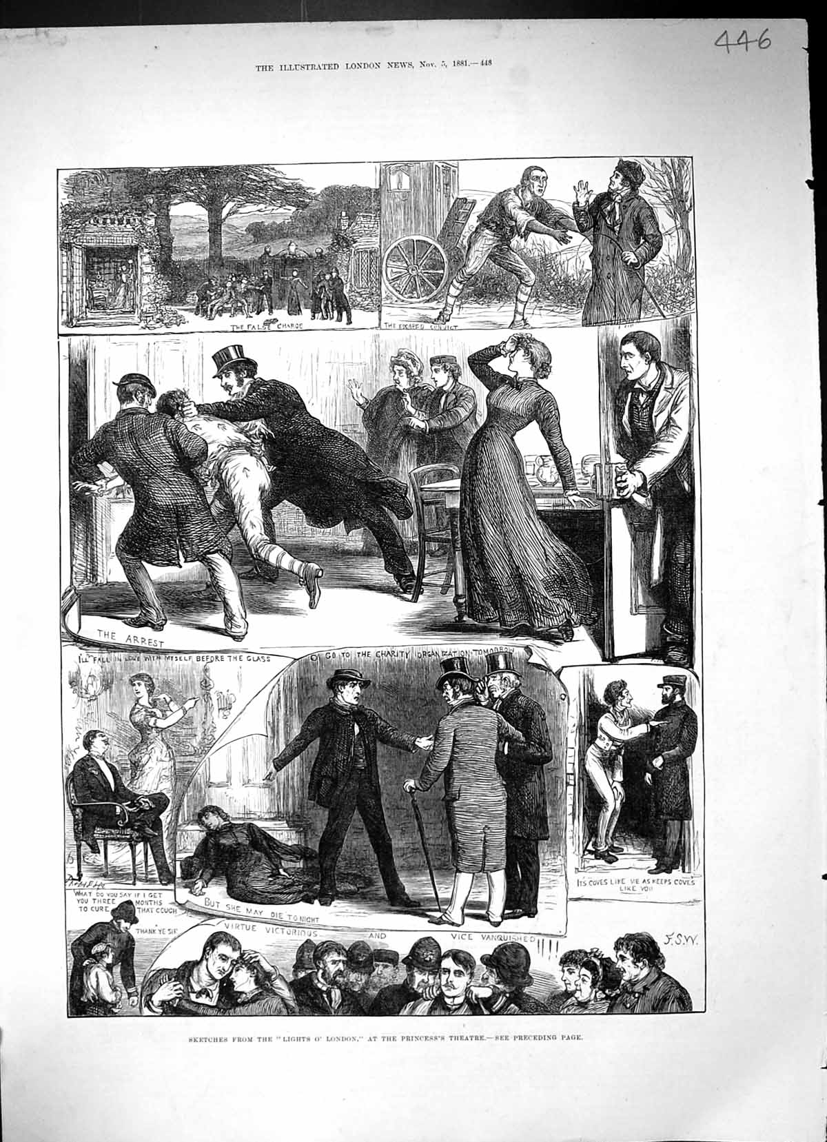 Original Old Antique Print 1881 Lights O' London Princess'S Theatre Scenes 19th