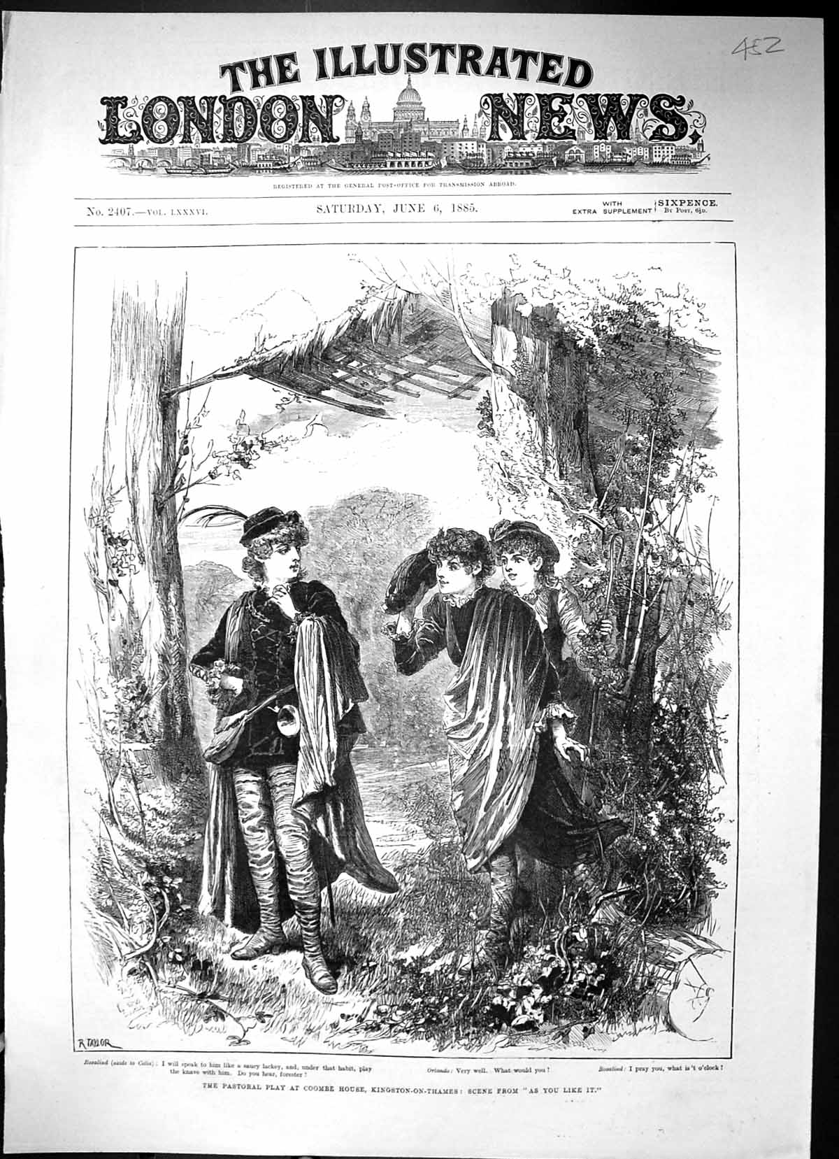 Antique Old Print 1885 Pastoral Play Commbe House Kingston-On-Thames Theatre