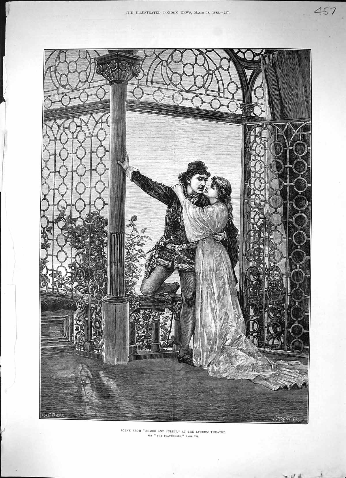 Original Old Antique Print 1882 Scene Romeo Juliet Lyceum Theatre Actors 19th