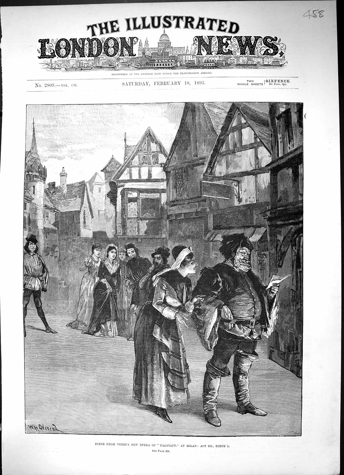 Original Old Antique Print Scene Verdi'S Opera Falstaff Milan 1893 Victorian