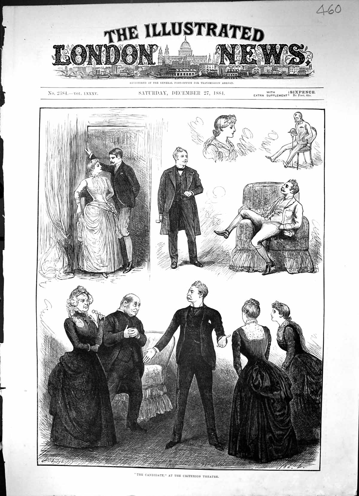 Original Old Antique Print 1884 Candidate Criterion Theatre Actors Scene 19th