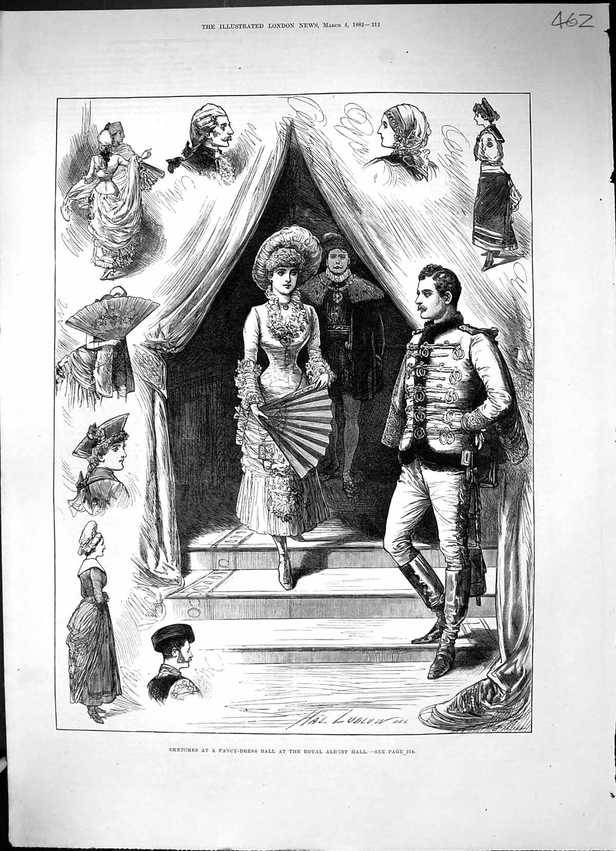 Old Antique Print 1882 Sketches Fancy Dress Ball Royal Albert Hall Ludlow 19th