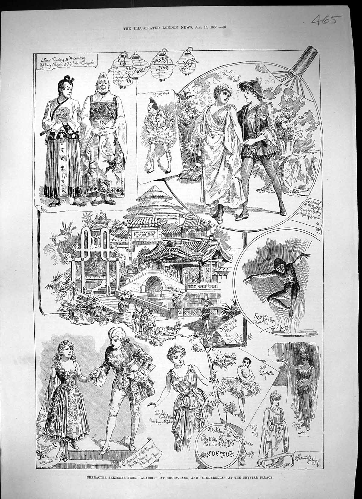 Old 1886 Character Sketches Aladdin Drury Lane Theatre Crystal Palace Victorian