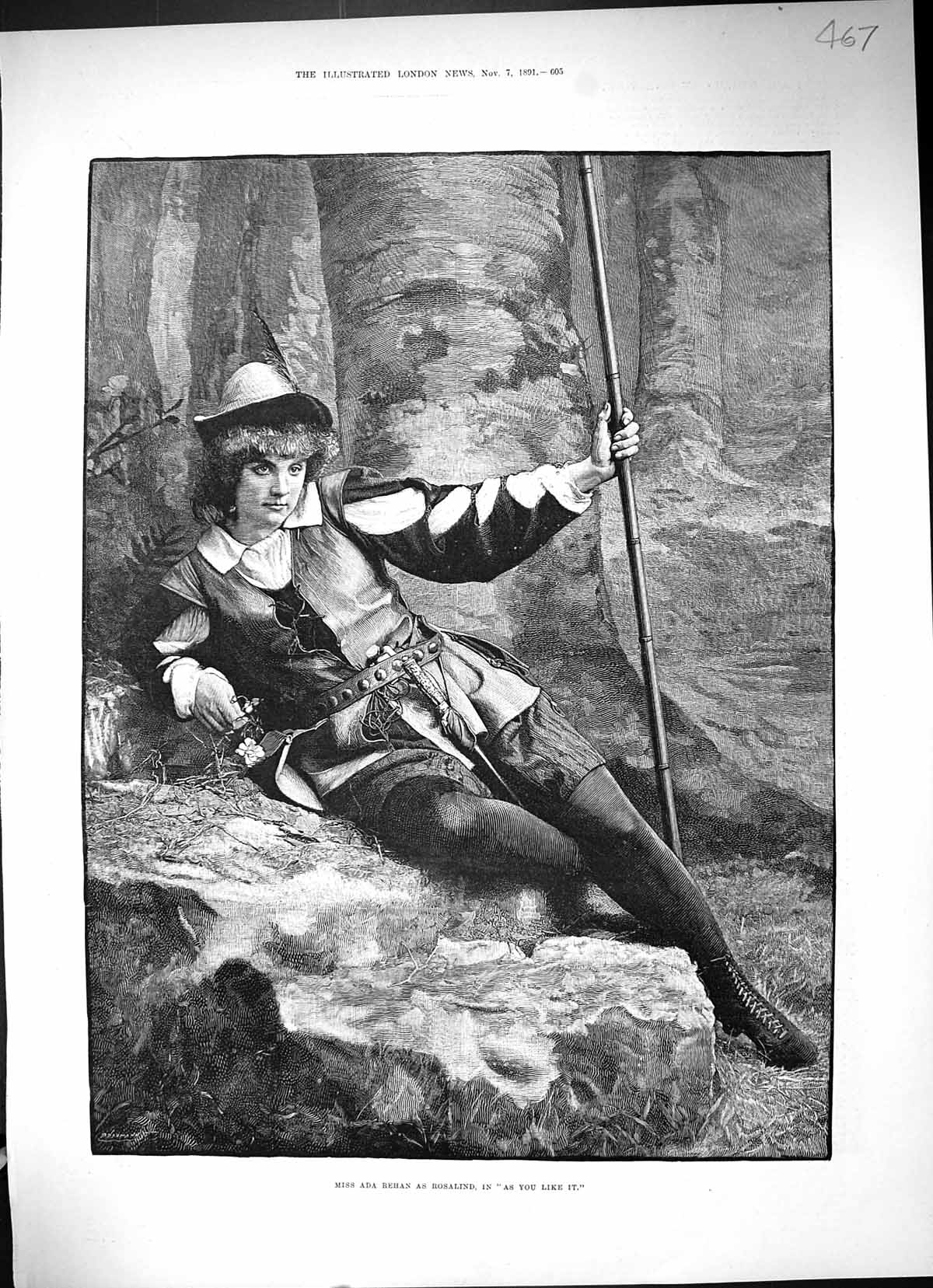 Antique Old Print 1891 Theatre Actress Miss Ada Rehan Rosalind As You Like It