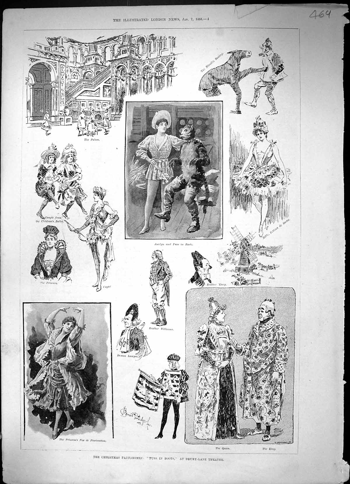 Old Antique Print 1888 Christmas Pantomimes Puss Boots Drury-Lane Theatre 19th