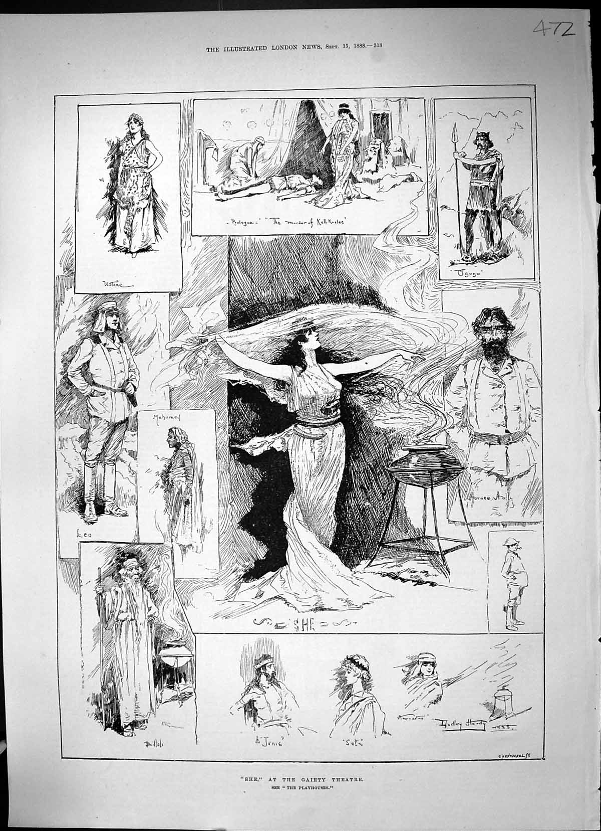 Original Old Antique Print 1888 She Gaiety Theatre Murder Kall Actors Victorian