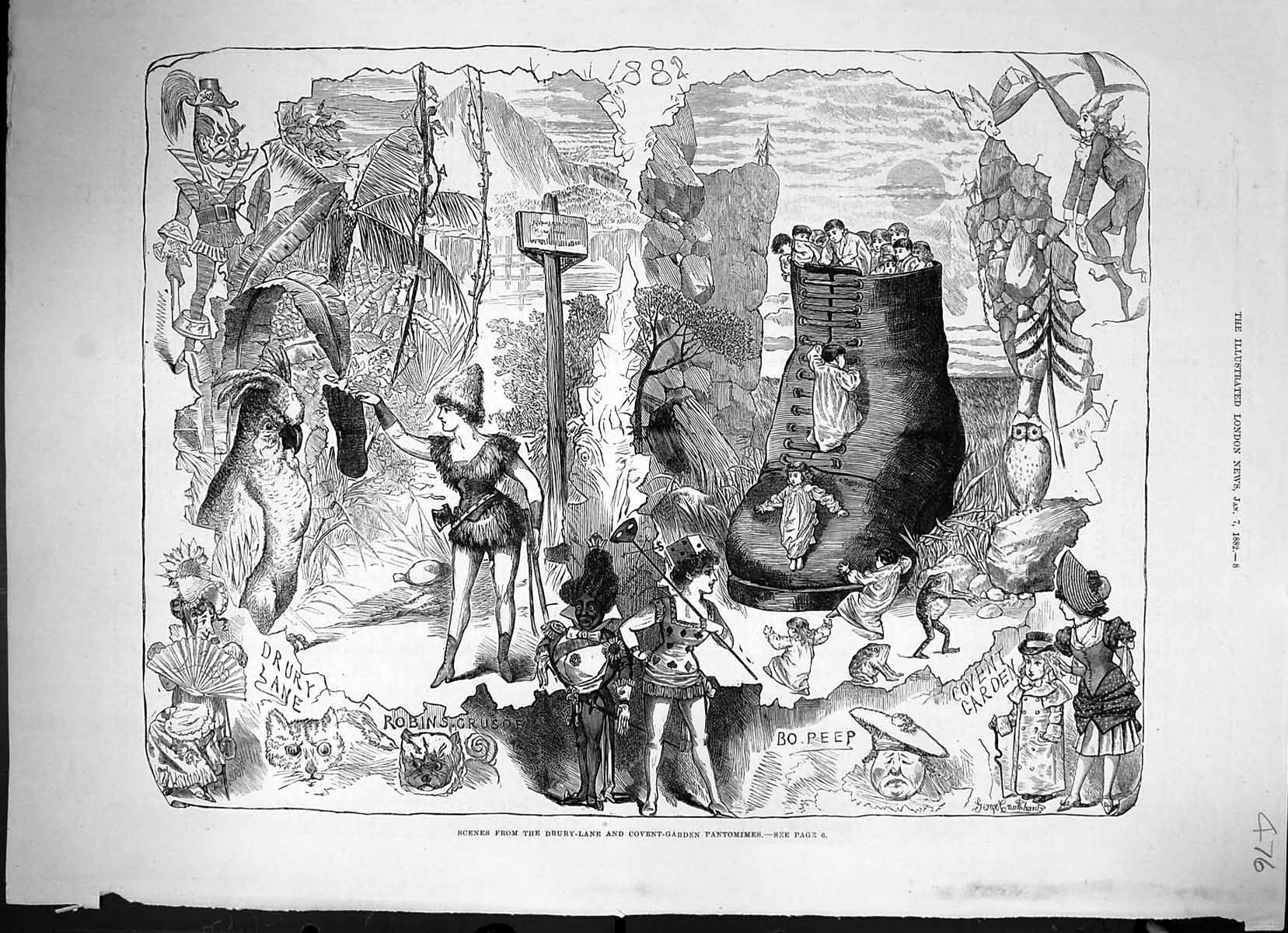 Old 1882 Scene Drury Lane Covent Garden Theatre Pantomimes Bo Peep Ro Victorian