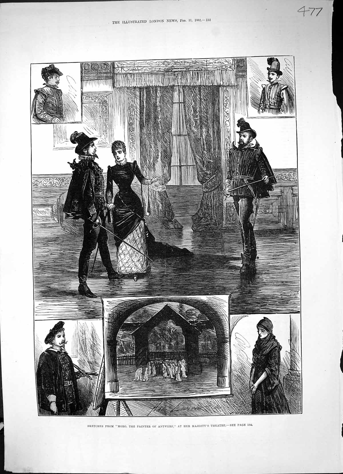 Original Old Antique Print 1882 Sketches Moro Painter Antwerp Majesty'S Theatre