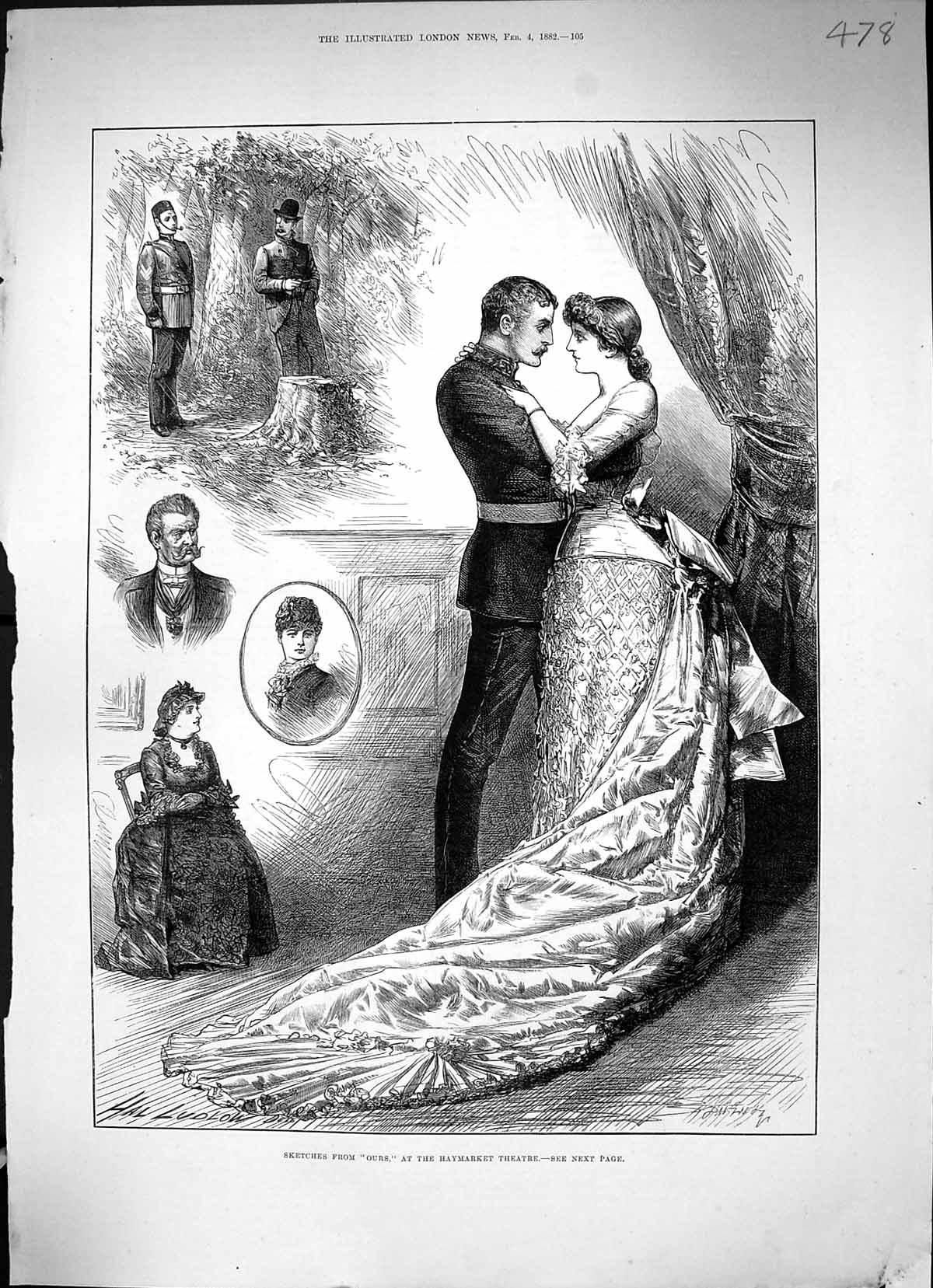 Old Antique Print 1882 Sketches Ours Haymarket Theatre Romance Man Lady 19th
