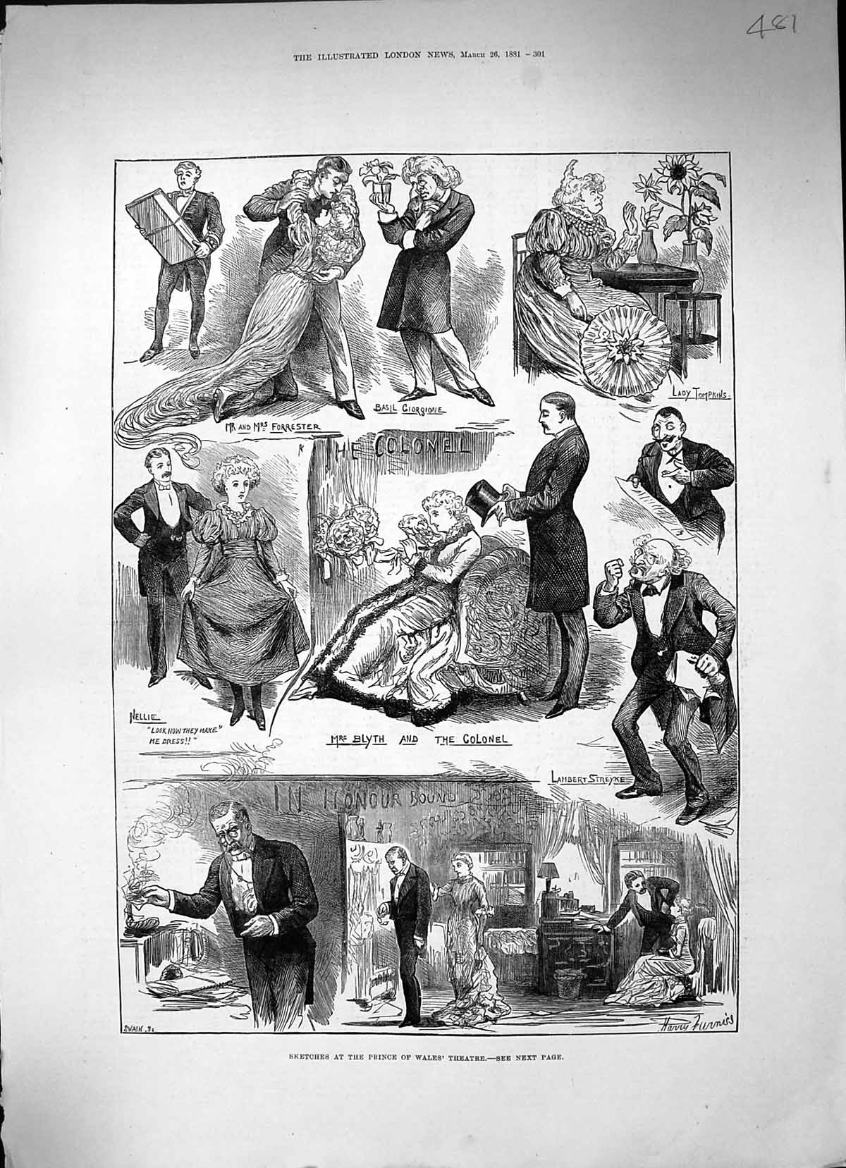 Old 1881 Sketches Prince Wales Theatre Colonel Forrester Tompkins Bly Victorian