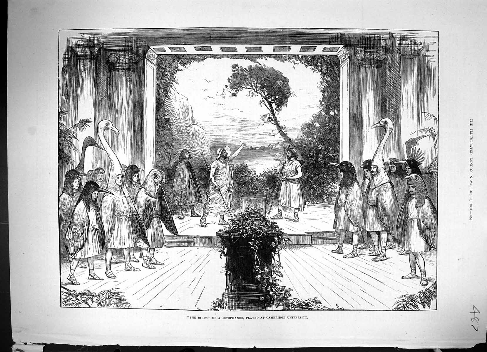 Original Old Antique Print 1883 Birds Aristophanes Cambridge University Theatre