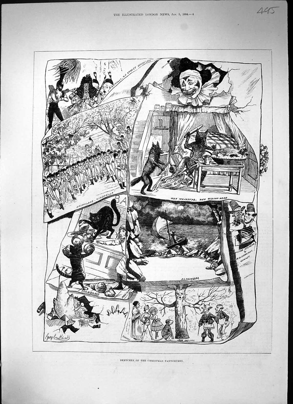 Old Print 1884 Christmas Pantomimes Red Riding Hood Jack Jill Cinderella 19th