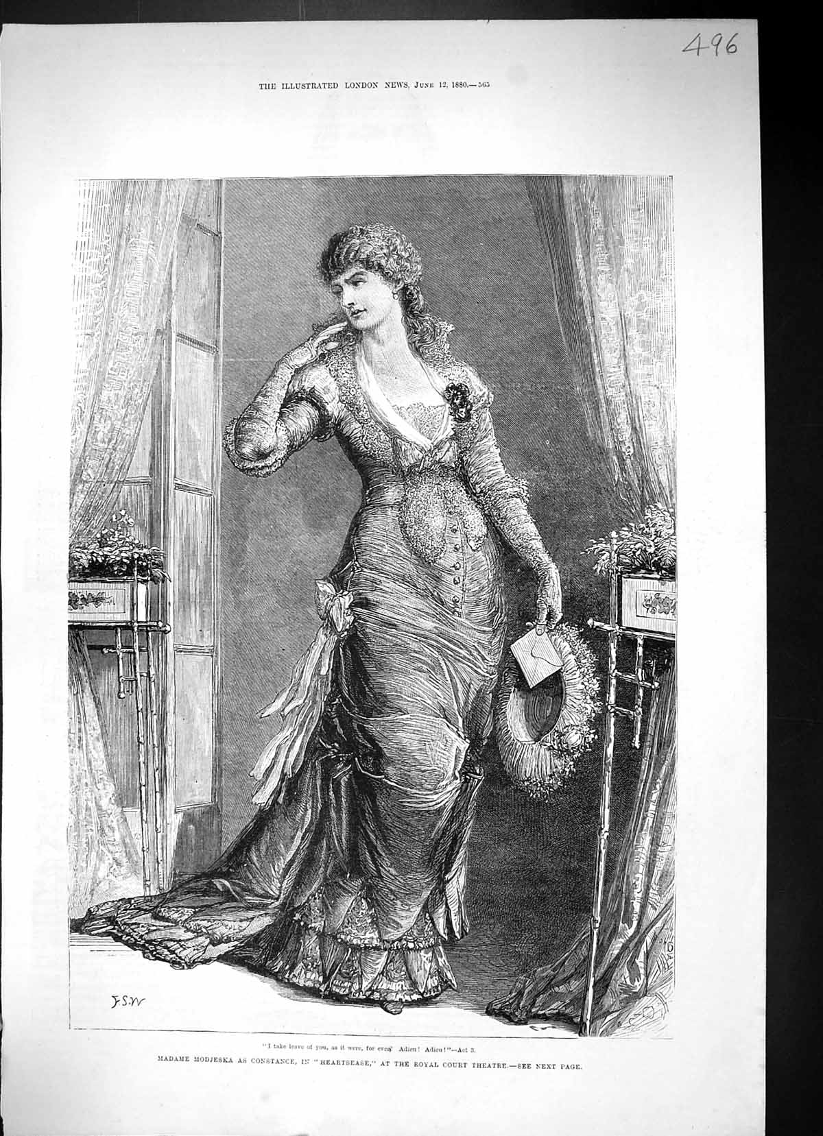 Antique Print Madame Modjeska Constance Heatsease Royal Court Theatre 1880 19th