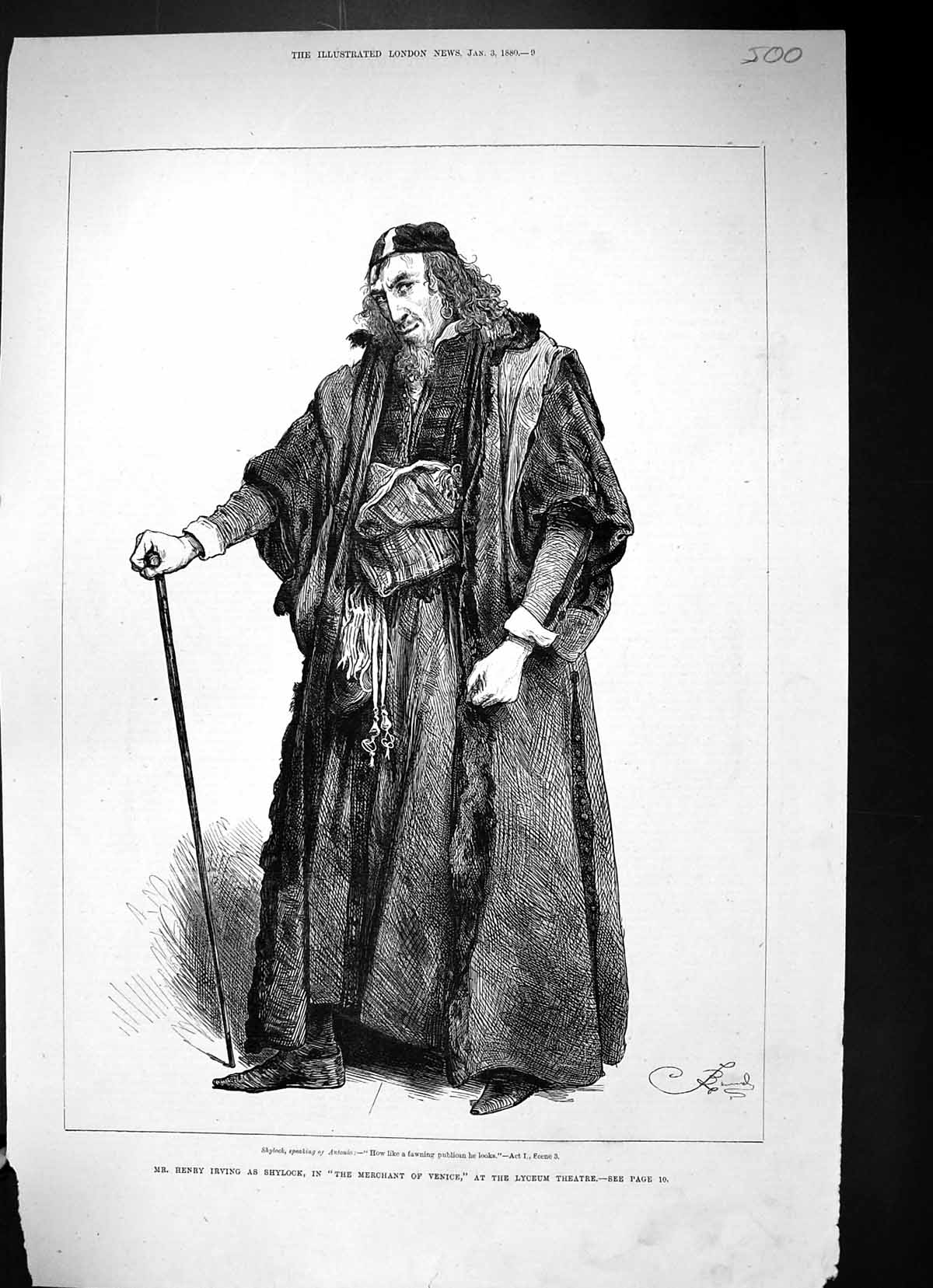 Antique Old Print Mr Henry Irving Shylock Marchant Venice Lyceum Theatre 1880