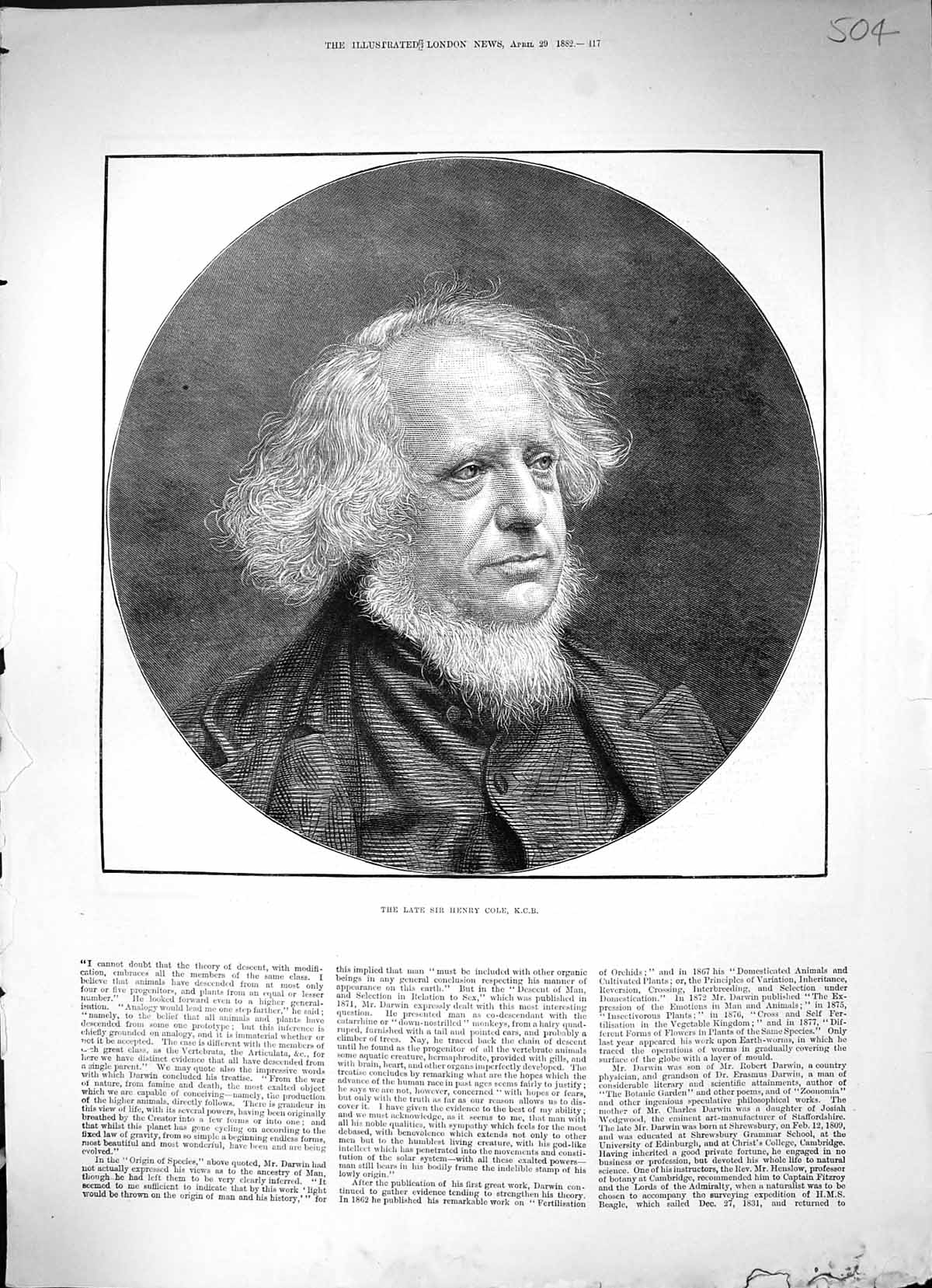 Original Old Antique Print 1882 Portrait Sir Henry Cole 19th Century