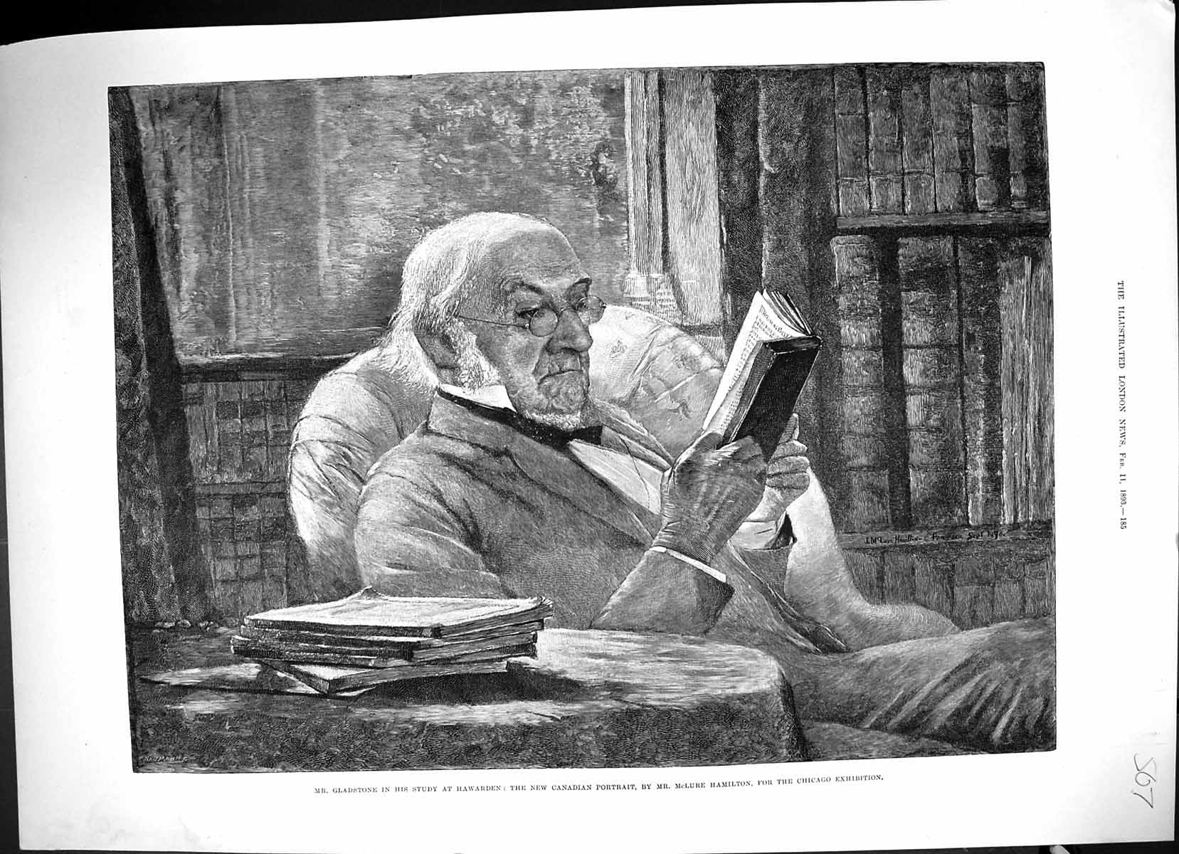 Antique Old Print 1893 Portrait Mr Gladstone Study Hawarden Mclure Hamilton