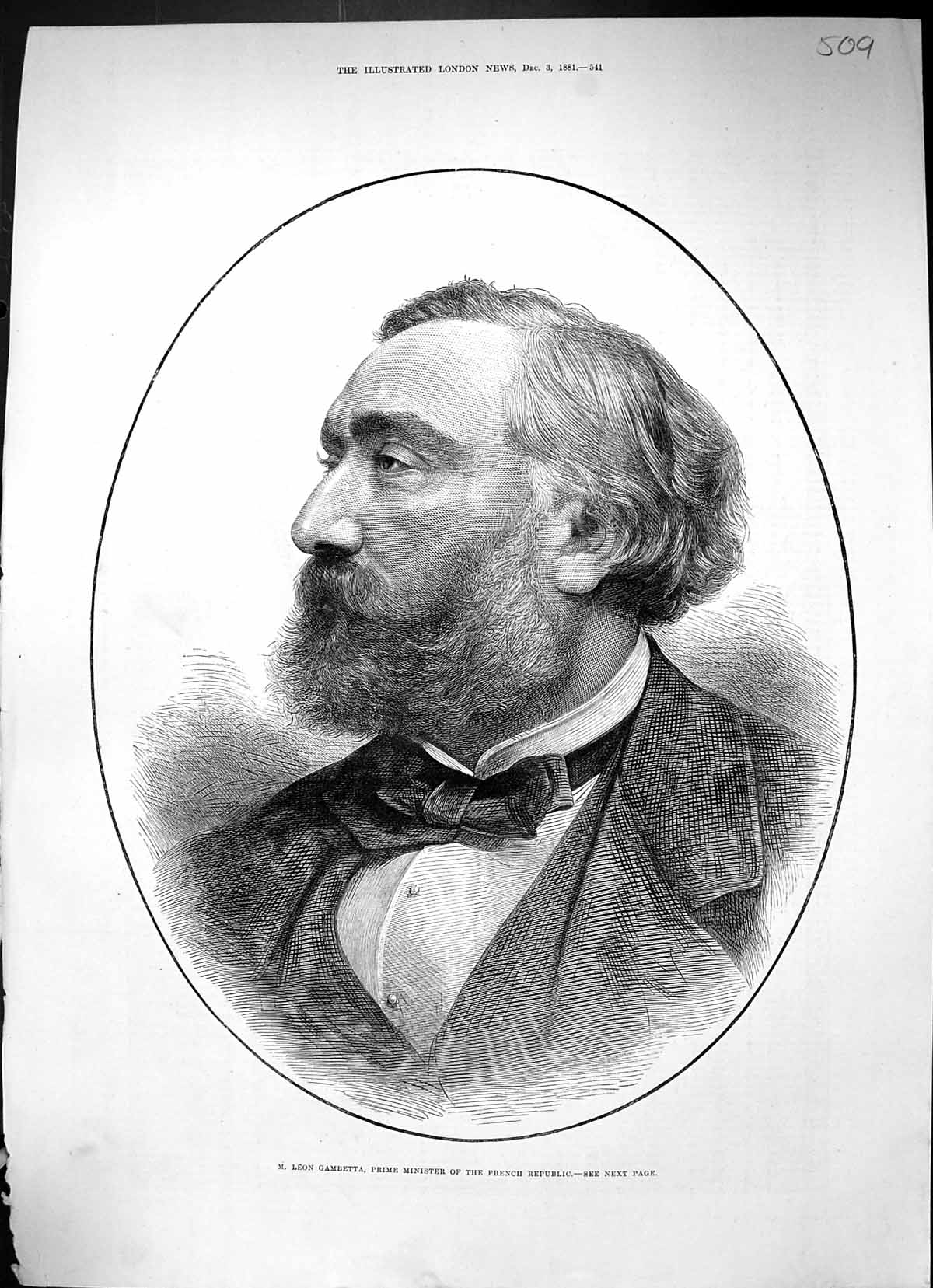 Antique Old Print 1881 Portrait Leon Gambetta Prime Minister French Republic