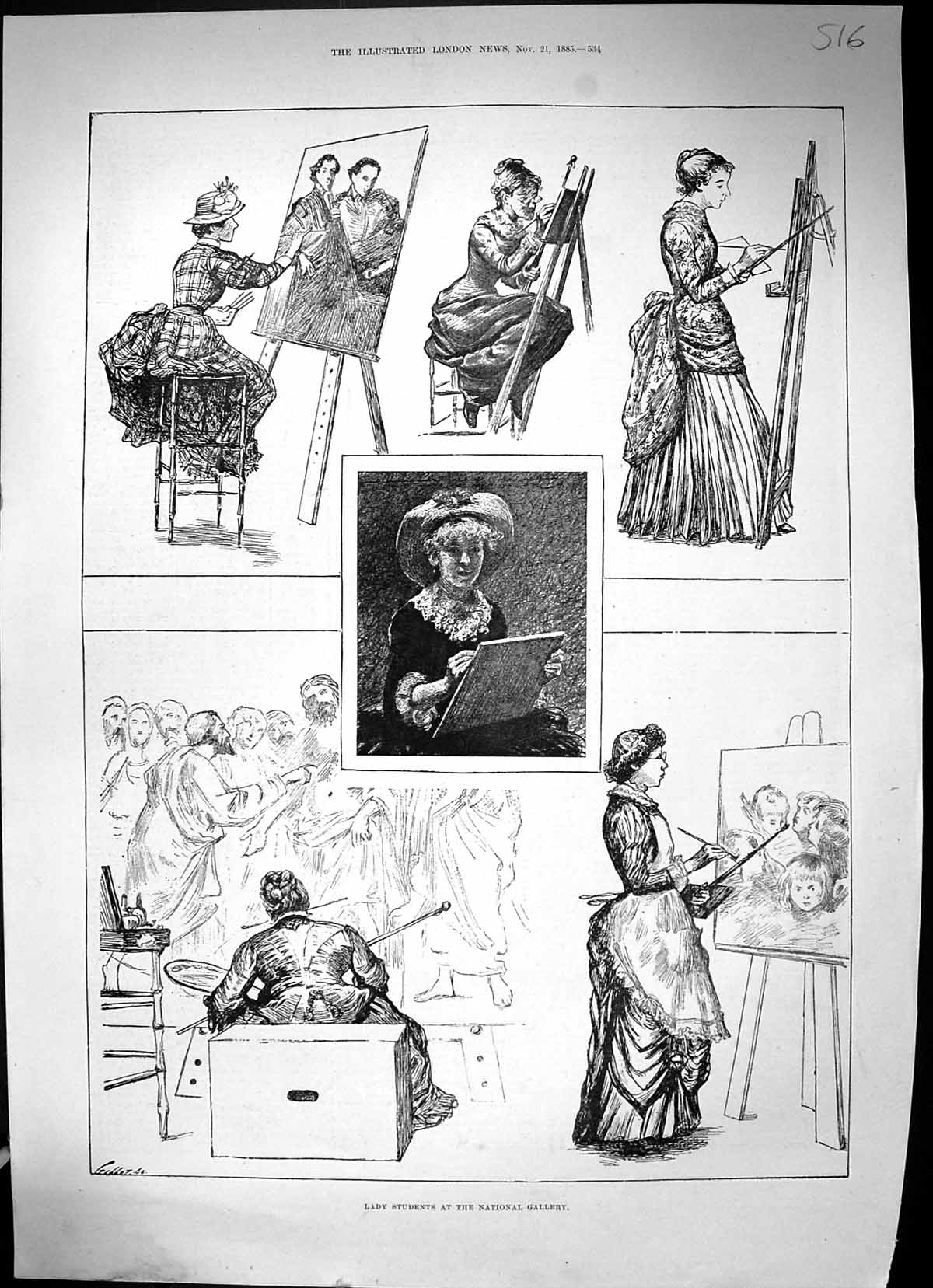 Original Old Antique Print 1885 Lady Students National Art Gallery Artists 19th