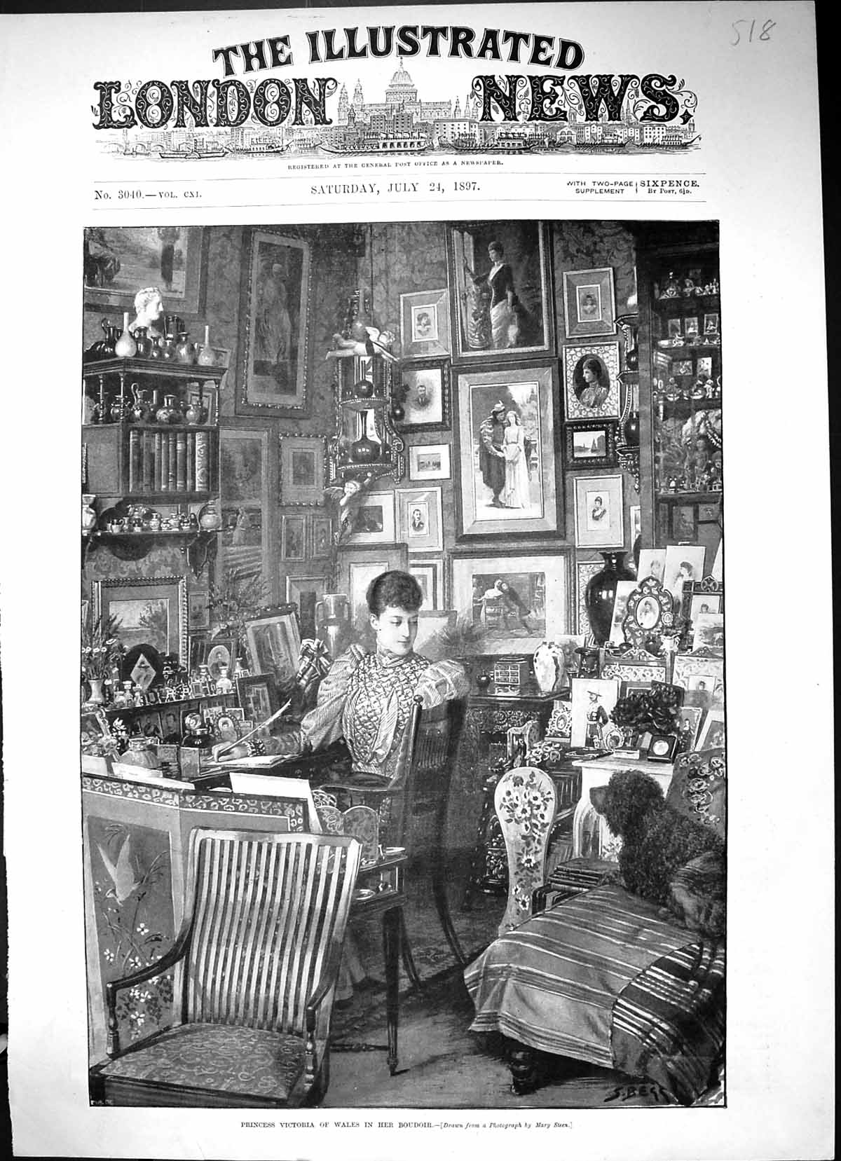 Antique Old Print 1897 Princess Victoria Wales Boudoir Pictures Dog Chairs 19th