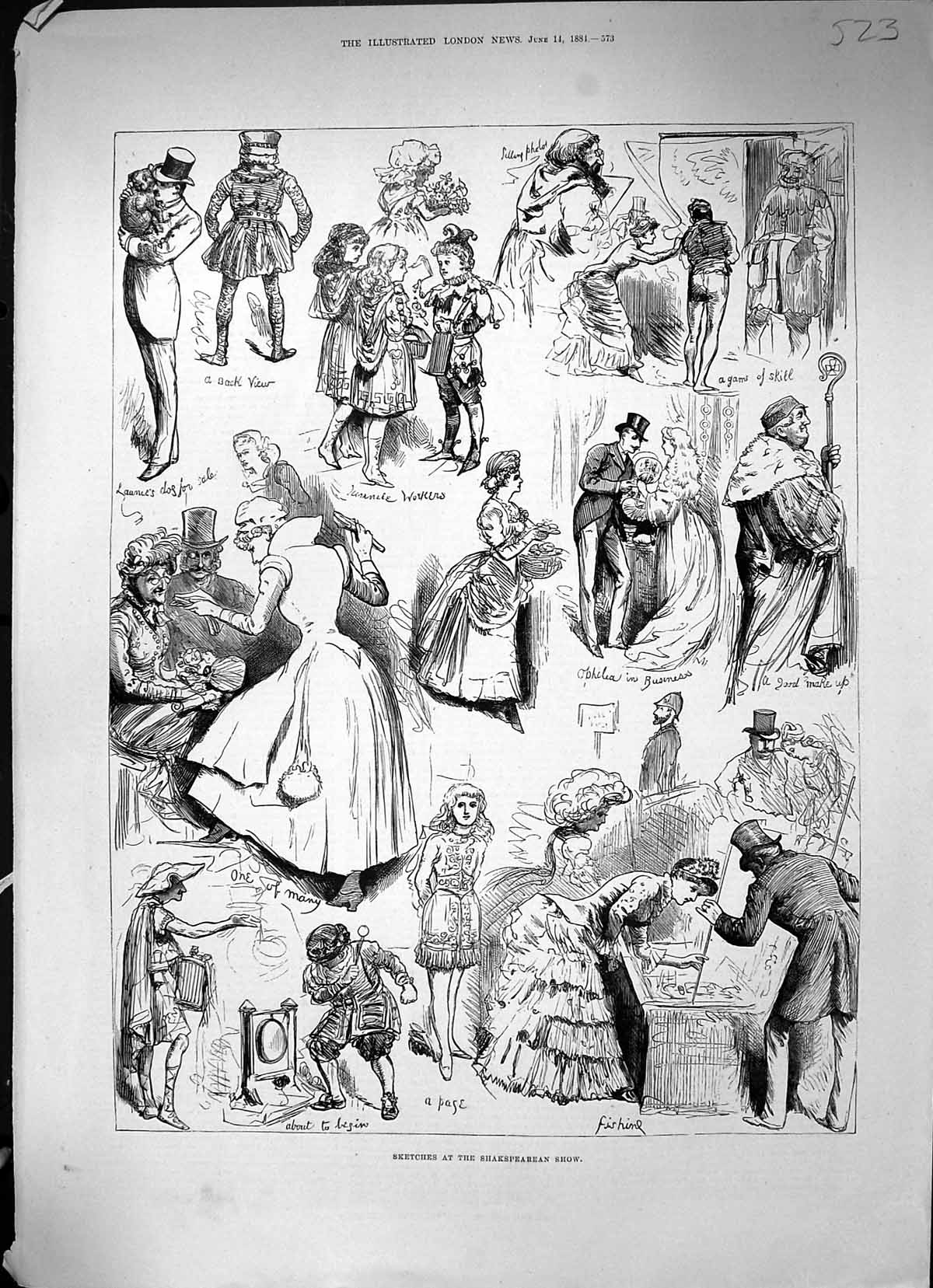 Original Old Antique Print Sketches Shakspearean Show Theatre Actors 1891 19th